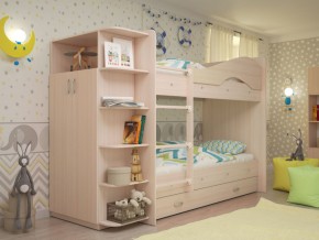 Кровать 2-х ярусная Мая с ящиками и шкафом на латофлексах млечный дуб в Чебаркуле - chebarkul.magazinmebel.ru | фото - изображение 1