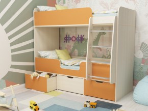 Кровать двухъярусная Малыш двойняшка дуб молочный-оранжевый в Чебаркуле - chebarkul.magazinmebel.ru | фото - изображение 1
