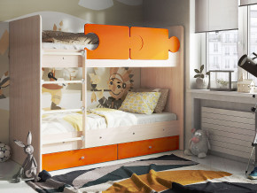 Кровать двухъярусная Тетрис латы с бортиками дуб млечный-оранжевый в Чебаркуле - chebarkul.magazinmebel.ru | фото
